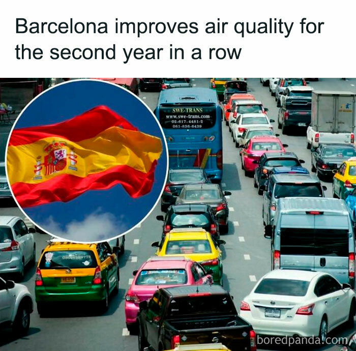 Traffic jam with inset of Spanish flag, highlighting positive air quality improvements in Barcelona.
