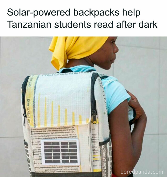 Tanzanian student wears solar backpack for reading at night, offering positive impact and sunshine to their day.