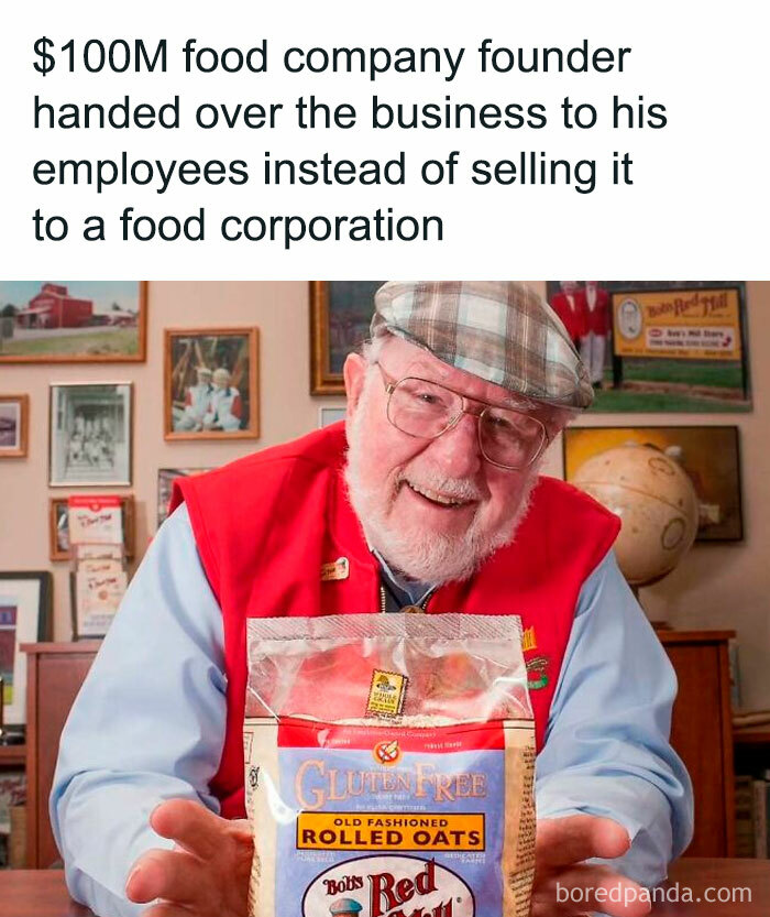 Founder of a $100M food company hands over business to employees with positive intentions, smiling behind oats package.