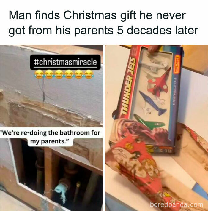 Man finds a lost Christmas gift in a wall after 50 years, rediscovering childhood joy.