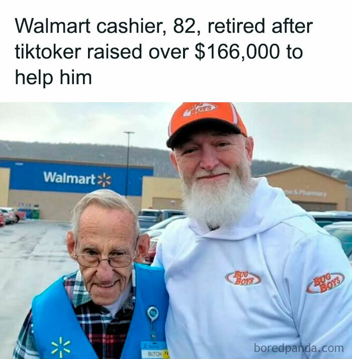 Elderly Walmart cashier smiling, supported by TikToker who helped him retire with $166,000, spreading positive vibes.