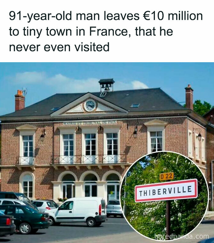 Town hall in Thiberville, France, highlighted in a positive post about a man donating €10 million to the village.