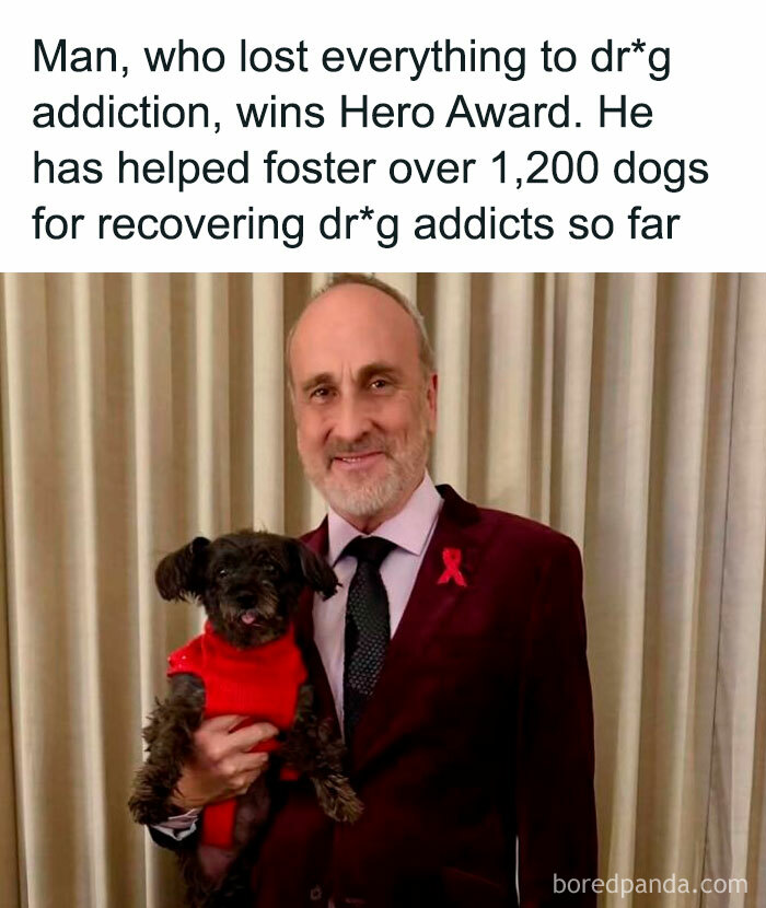 Man holding a small dog in a red sweater, celebrating a positive award for fostering over 1,200 dogs.
