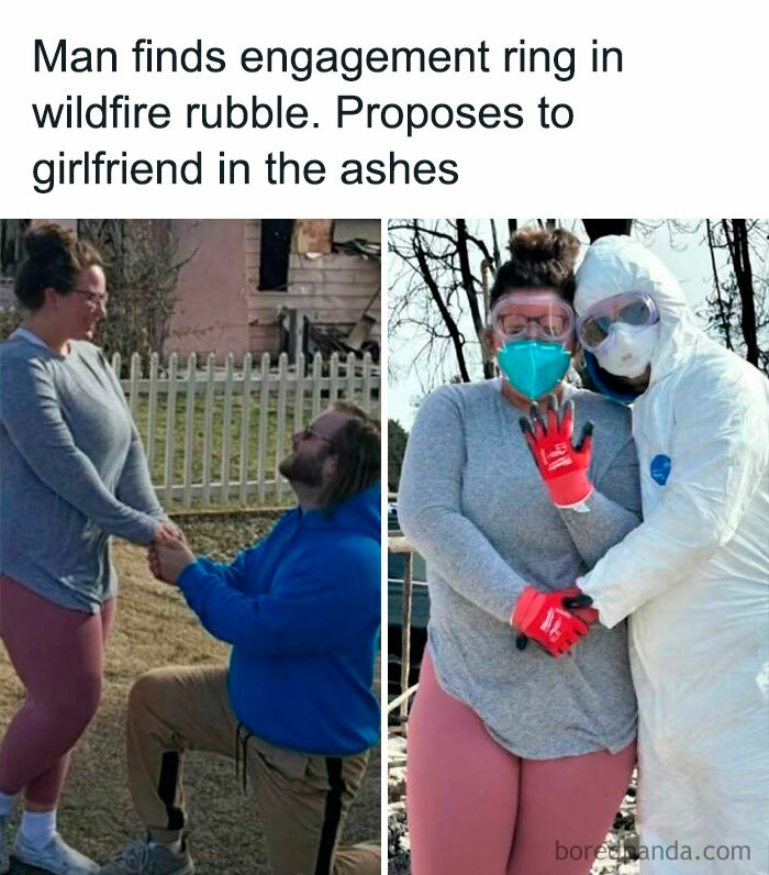 Couple finds engagement ring in wildfire debris; man proposes among ashes, bringing positive vibes.