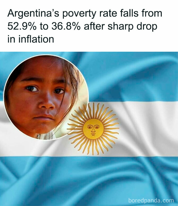 Argentina's poverty rate drops with child beside flag, bringing positive news.