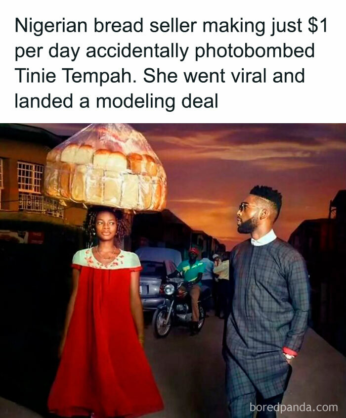 Nigerian bread seller photobombing a celebrity, leading to viral fame and modeling deal, spreading positive vibes.