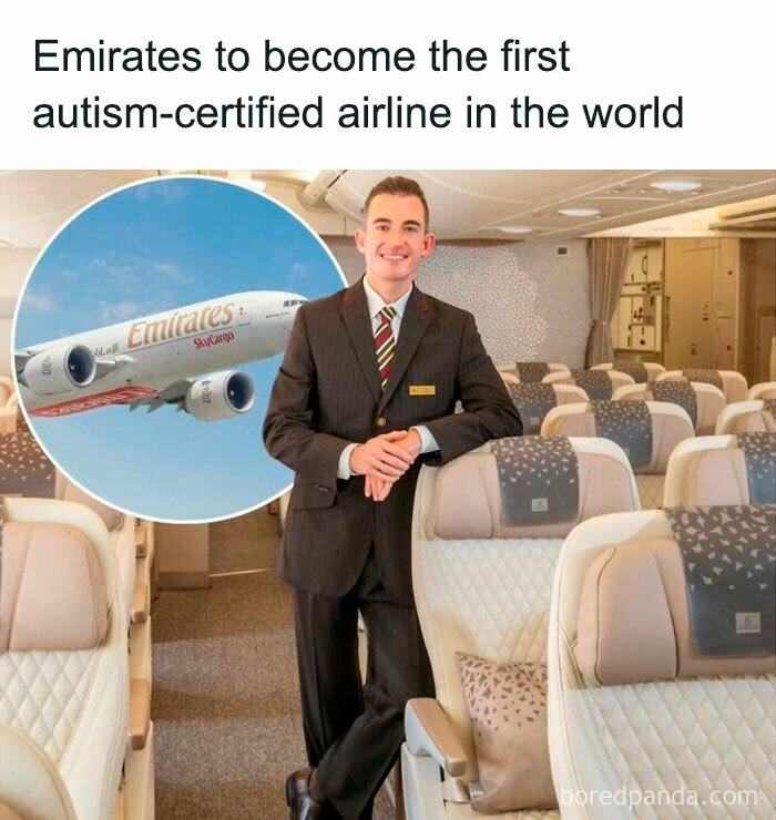 Emirates staff in airplane cabin, highlighting positive airline news about autism certification.