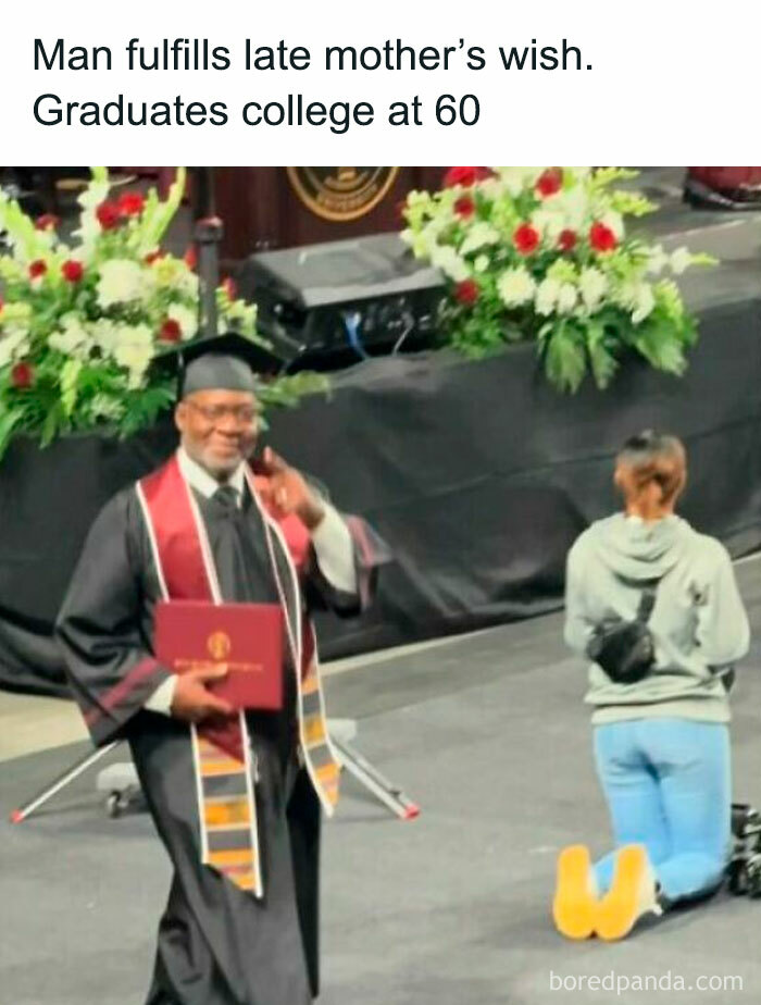 Man in graduation attire holding diploma, achieving positive milestone at 60, fulfilling late mother's wish.