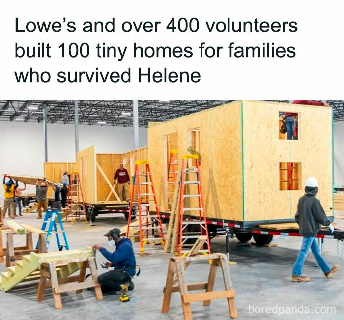 Volunteers build tiny homes for Helene survivors, creating positive impact with new structures on trailers.