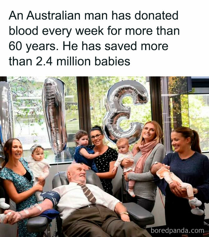 Man donating blood surrounded by happy families; positive impact on millions of babies.