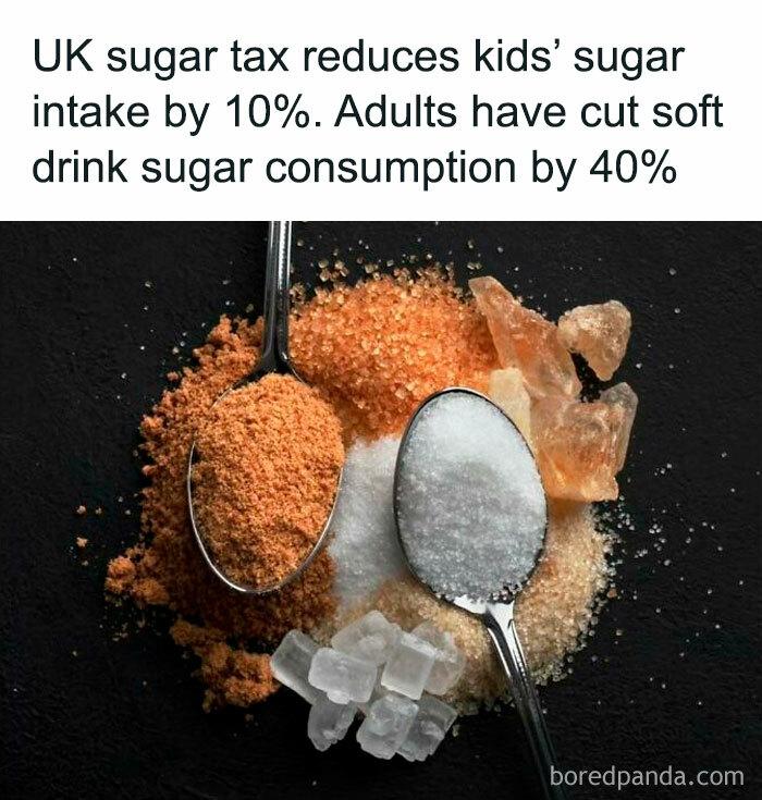 Various types of sugar displayed with text about the UK sugar tax's positive impact on reducing sugar intake.