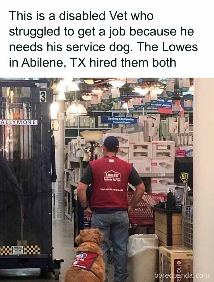 Disabled veteran working at Lowe's with his service dog wearing matching Lowe's vests, showing acceptance and support in a wholesome meme.