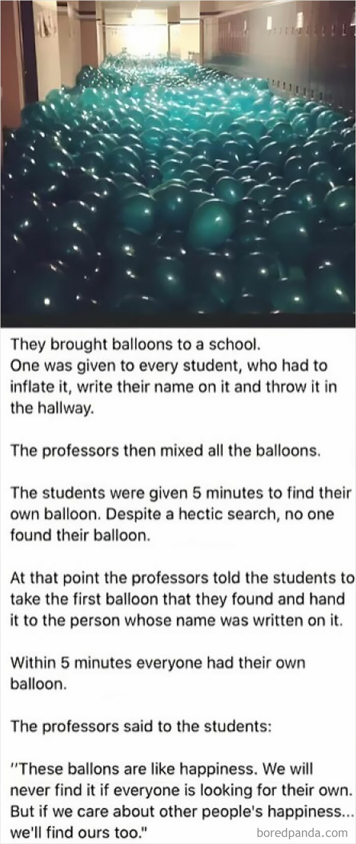 School hallway filled with balloons symbolizing happiness and caring for others in wholesome memes about joy and sharing.