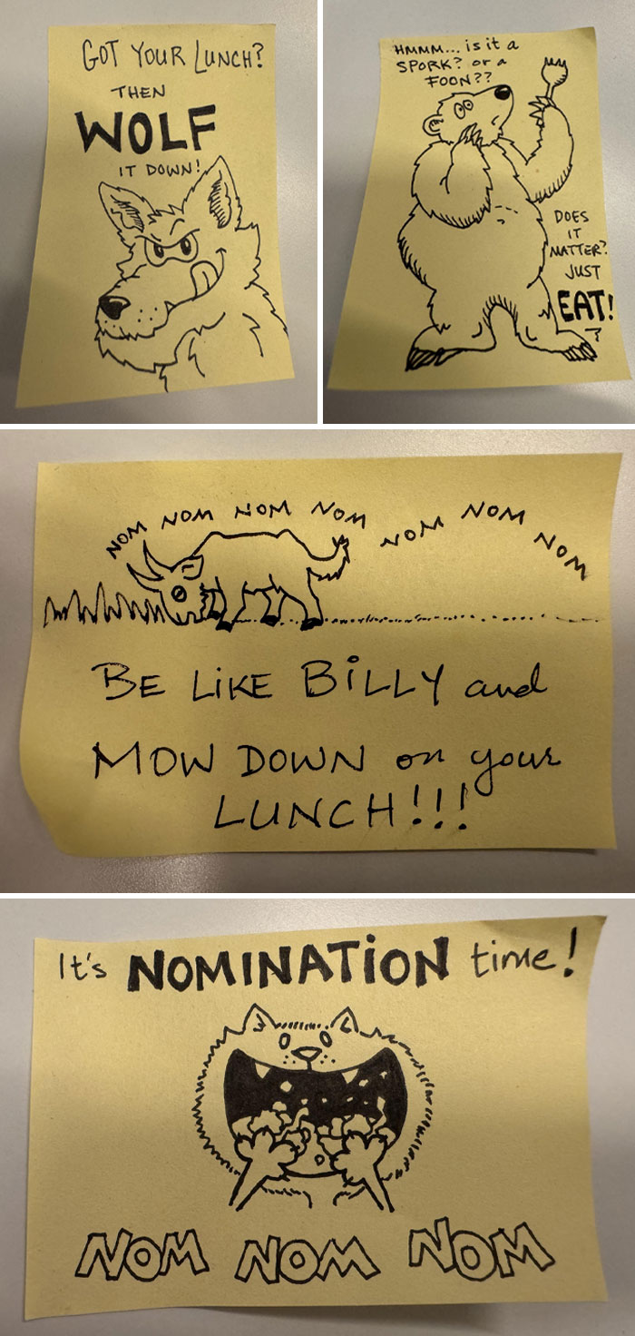 Four hand-drawn sticky notes with playful animal doodles capturing pure and uplifting moments about lunch and eating joyfully.