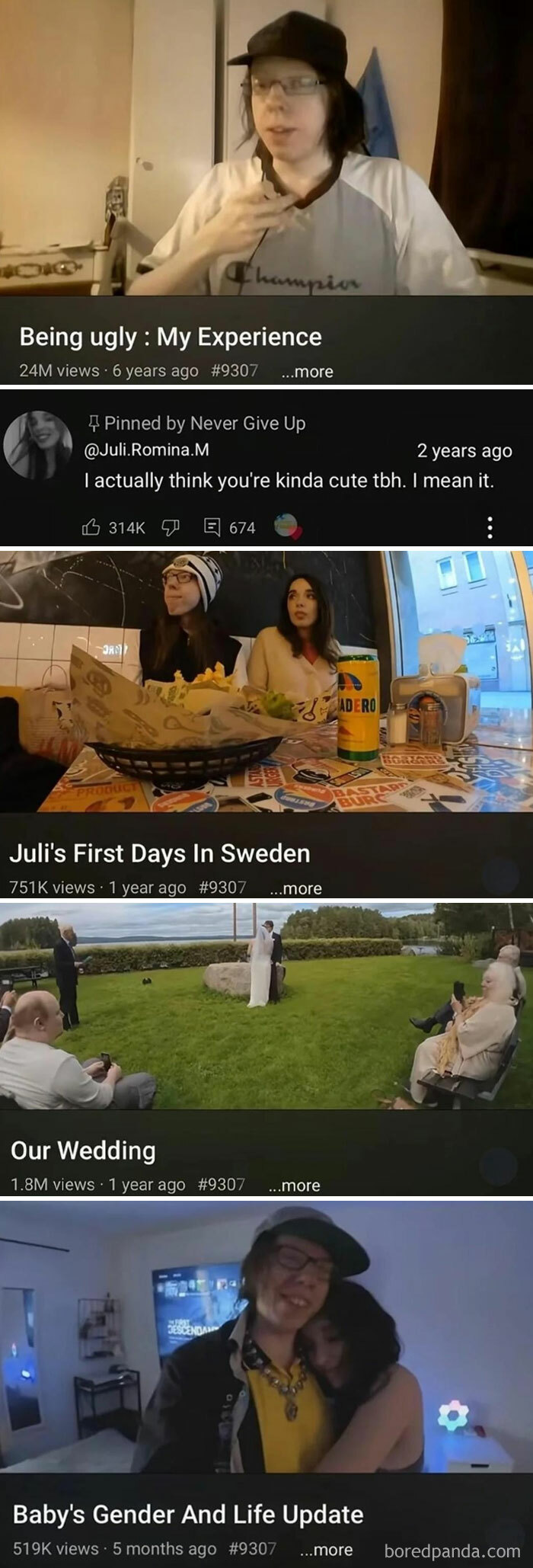 Collage of uplifting life moments including personal experiences, first days abroad, weddings, and family updates.