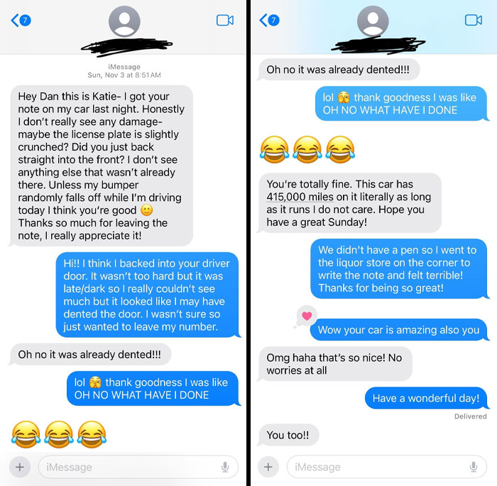 Text message conversation showing a pure and uplifting moment of honesty and kindness between two drivers.