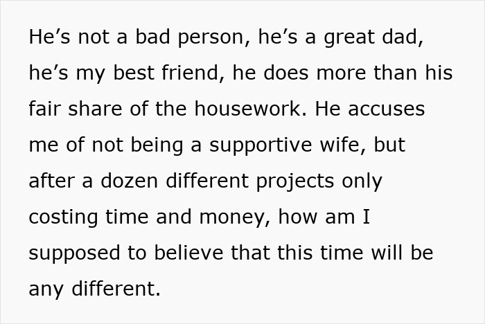 Text describes wife's frustration with husband's unfulfilled promises.