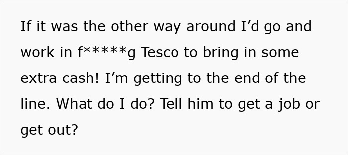 Text expressing frustration over unfulfilled promises after 10 years, asking if husband should get a job or leave.