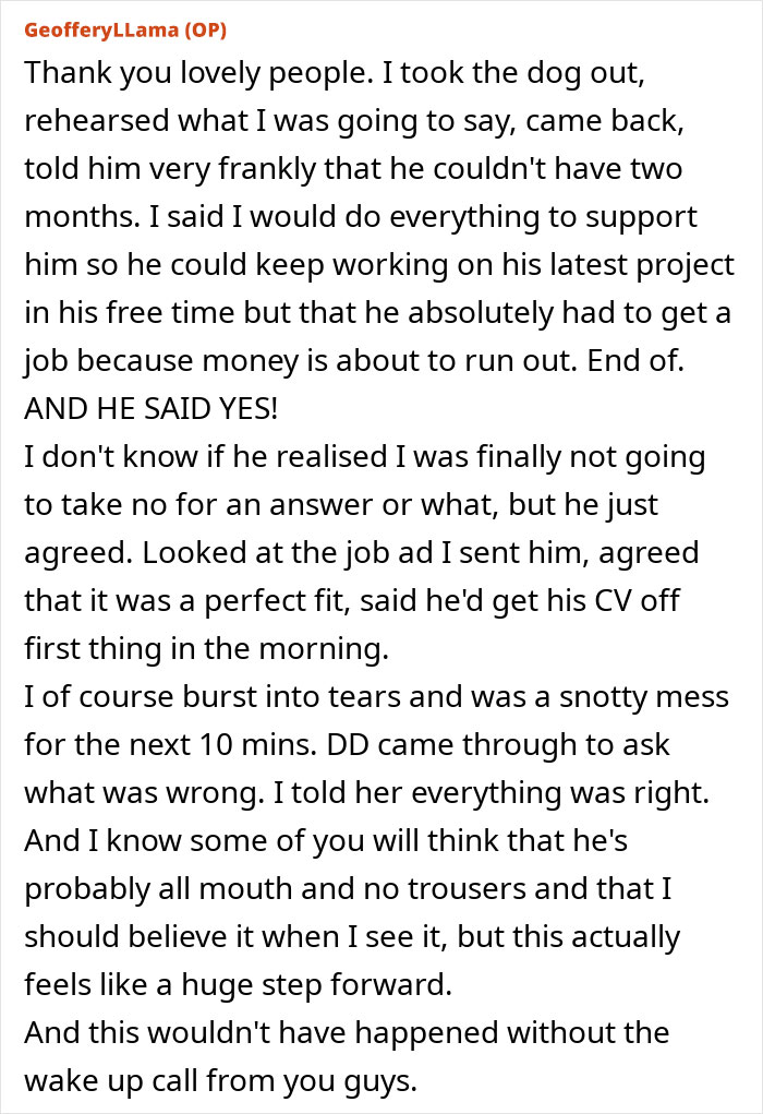 Text post about wife's frustration from husband's job promises and her demand for change.