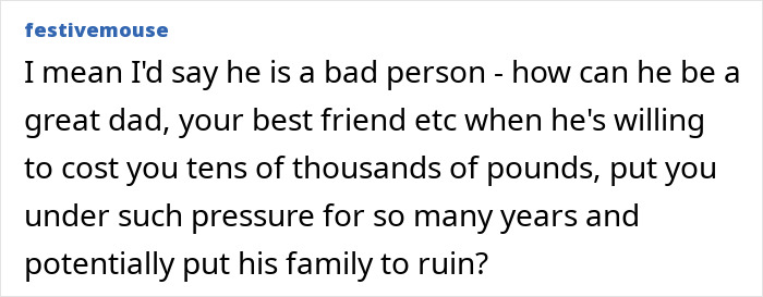 Comment discussing impact of husband's false promises causing financial strain and family stress.