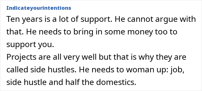 Text on relationship struggles, addressing a husband's false promises about finding a job after ten years.