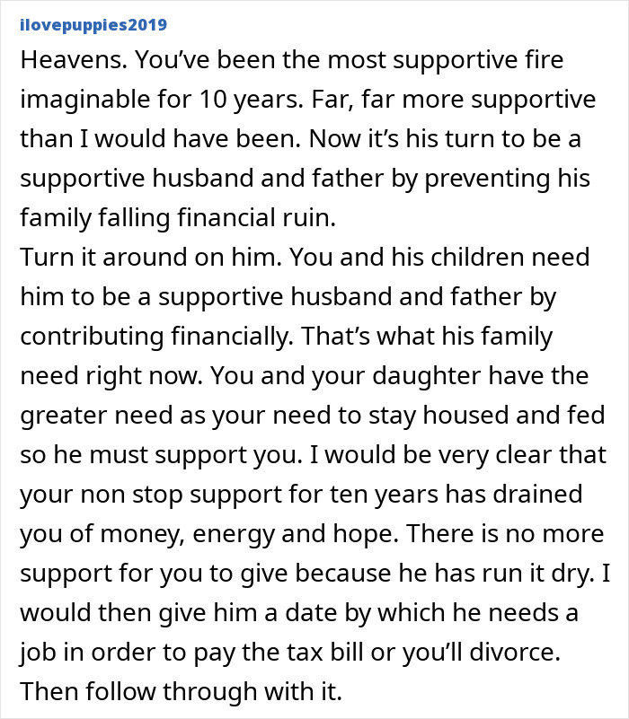 Text urging a husband to become a supportive father and prevent financial ruin after 10 years of false promises.