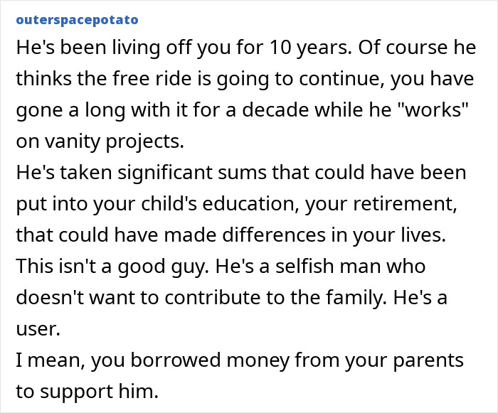 Text highlighting a wife's frustration after 10 years of her husband's unfulfilled promises.