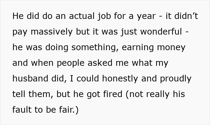 Text about husband's job and financial struggles; wife urges him to "get a job or get out.