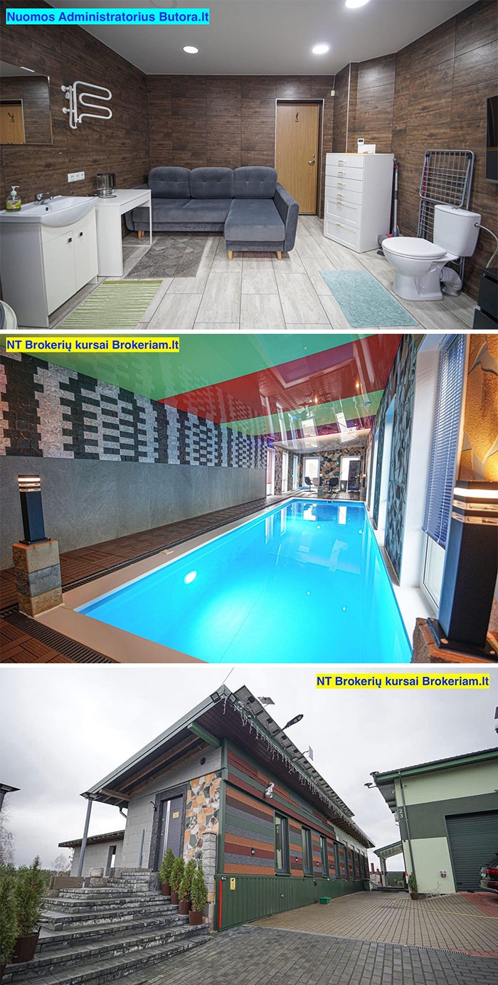 Modern living room with bathroom, indoor swimming pool with colorful ceiling, and a unique striped exterior house design.