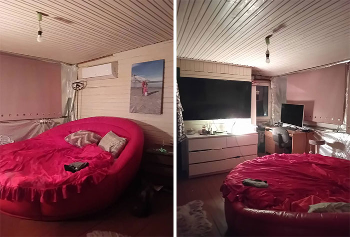 Round red bed in a unique real estate property bedroom with wood paneling and minimal lighting in a cozy setting.