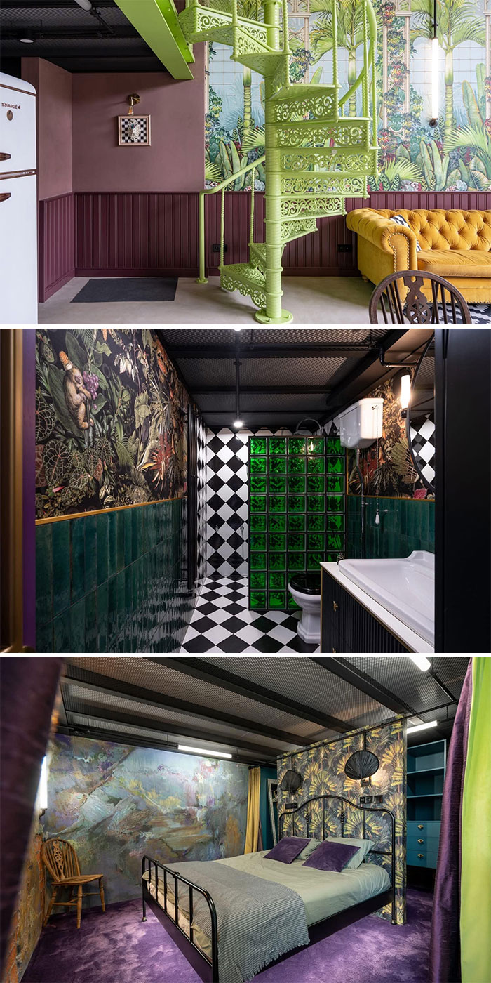 Colorful interior of wild real estate property featuring green spiral staircase, patterned bathroom, and unique bedroom design.
