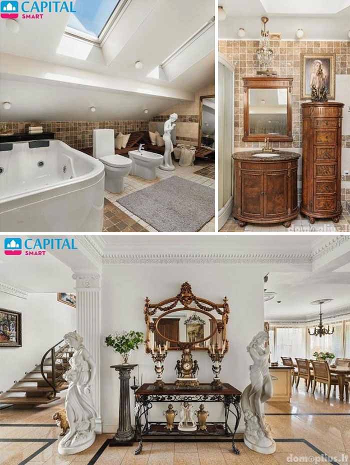 Luxurious real estate property with classic statues, elegant bathroom, and ornate vintage furniture in bright interior spaces.