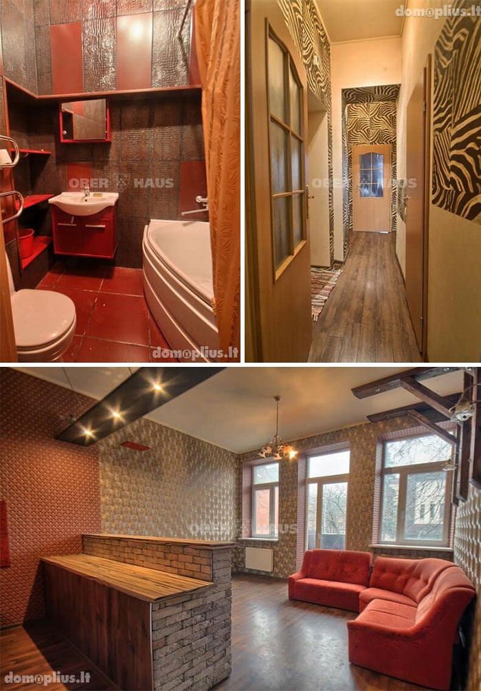 Bathroom with red tiles, hallway with zebra print wallpaper, and living room with exposed brick and red sofa in real estate property for sale.