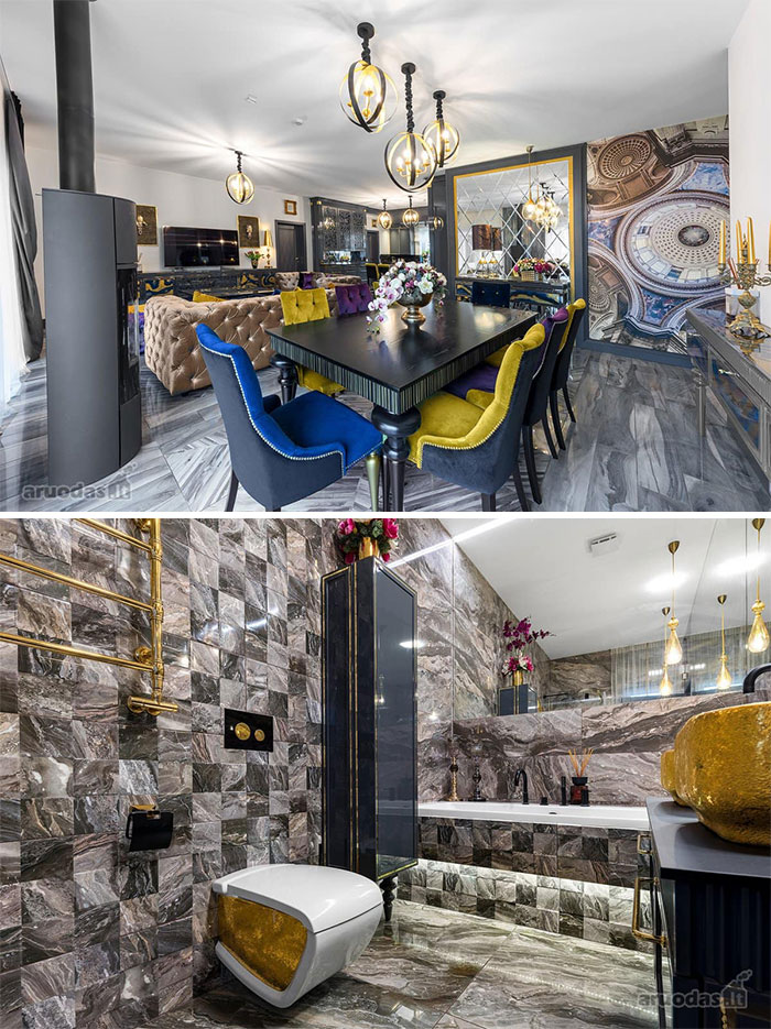 Luxurious and wild real estate property with colorful dining area and modern bathroom featuring gold accents and marble tiles.