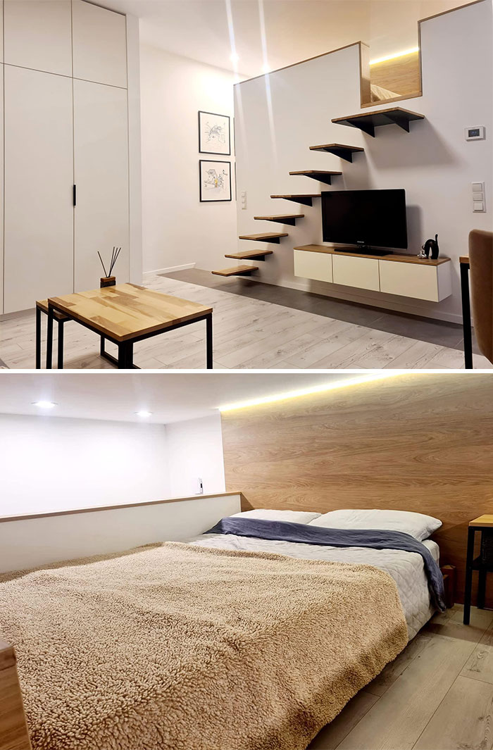 Modern interior of a wild real estate property featuring floating stairs, a cozy bedroom, and minimalist wooden furniture.