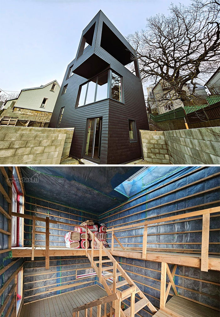 Modern black exterior of a tall narrow house and its unfinished wooden interior under construction, wild real estate properties for sale.