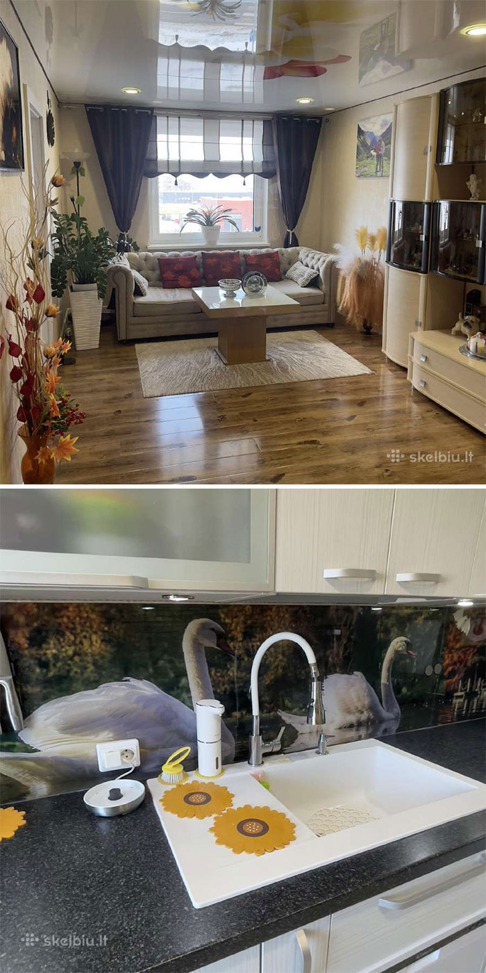 Modern living room with wooden floors and a kitchen sink featuring a swan backsplash in wild real estate property.