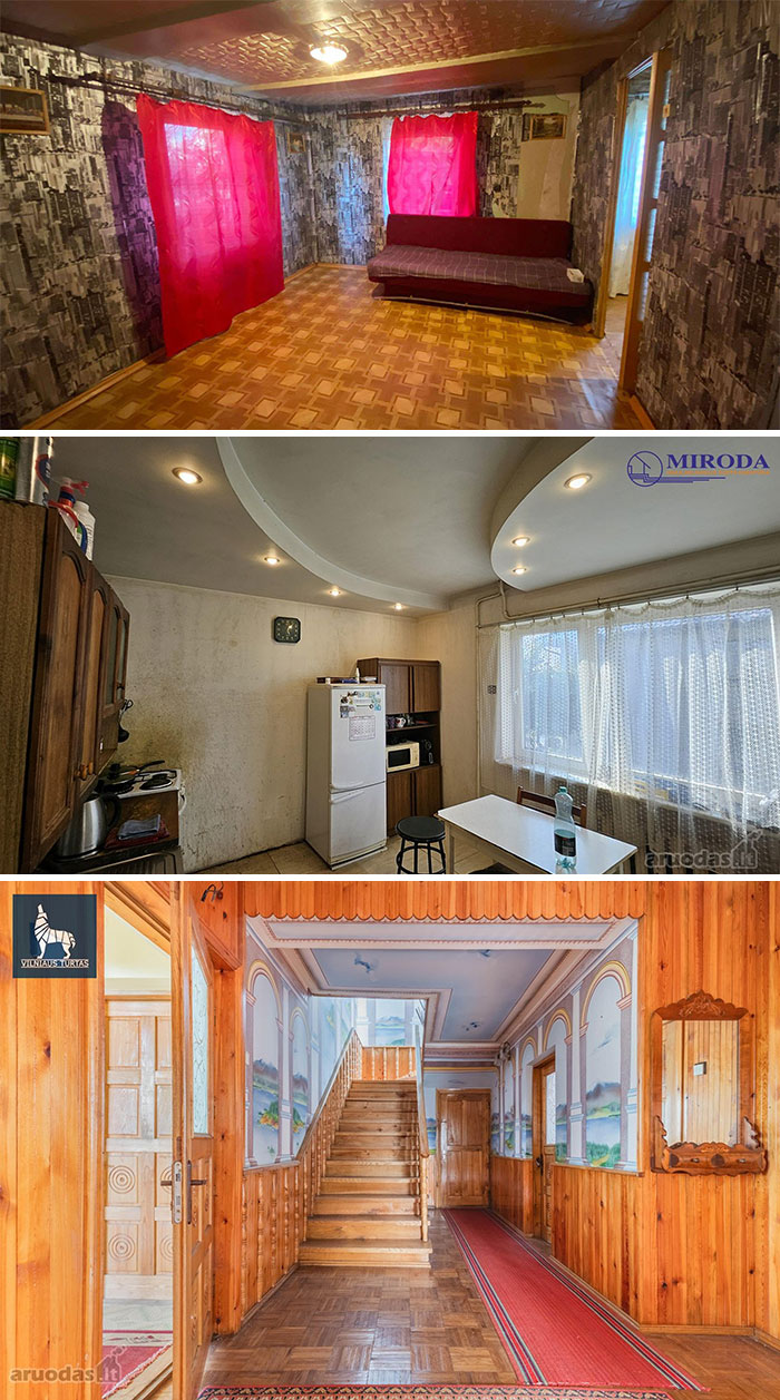 Three interior views of wild real estate properties for sale featuring living room, kitchen, and wooden stairway hallway.