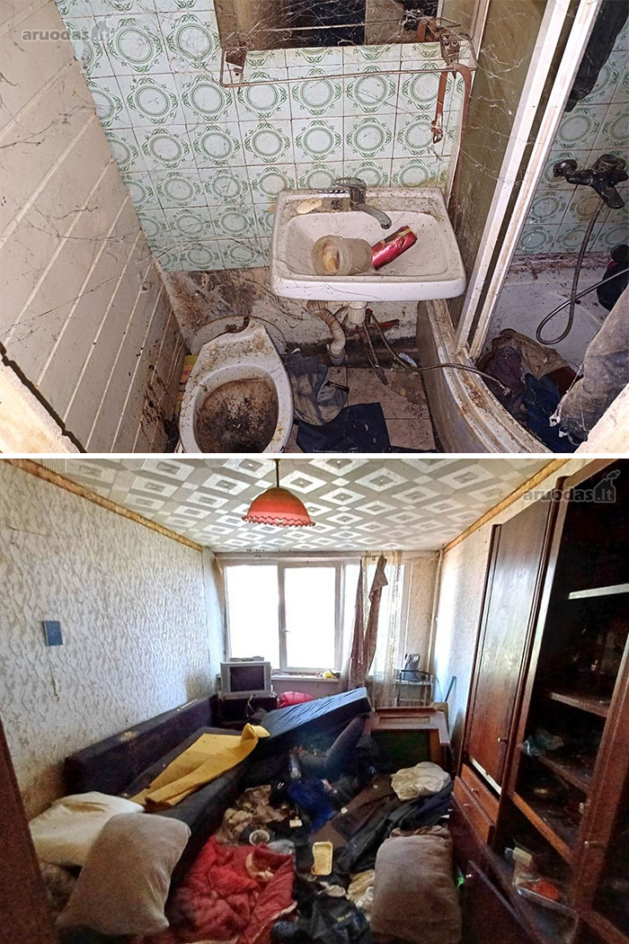 Dirty and cluttered bathroom and living room in wildest real estate properties currently for sale with neglected interiors.