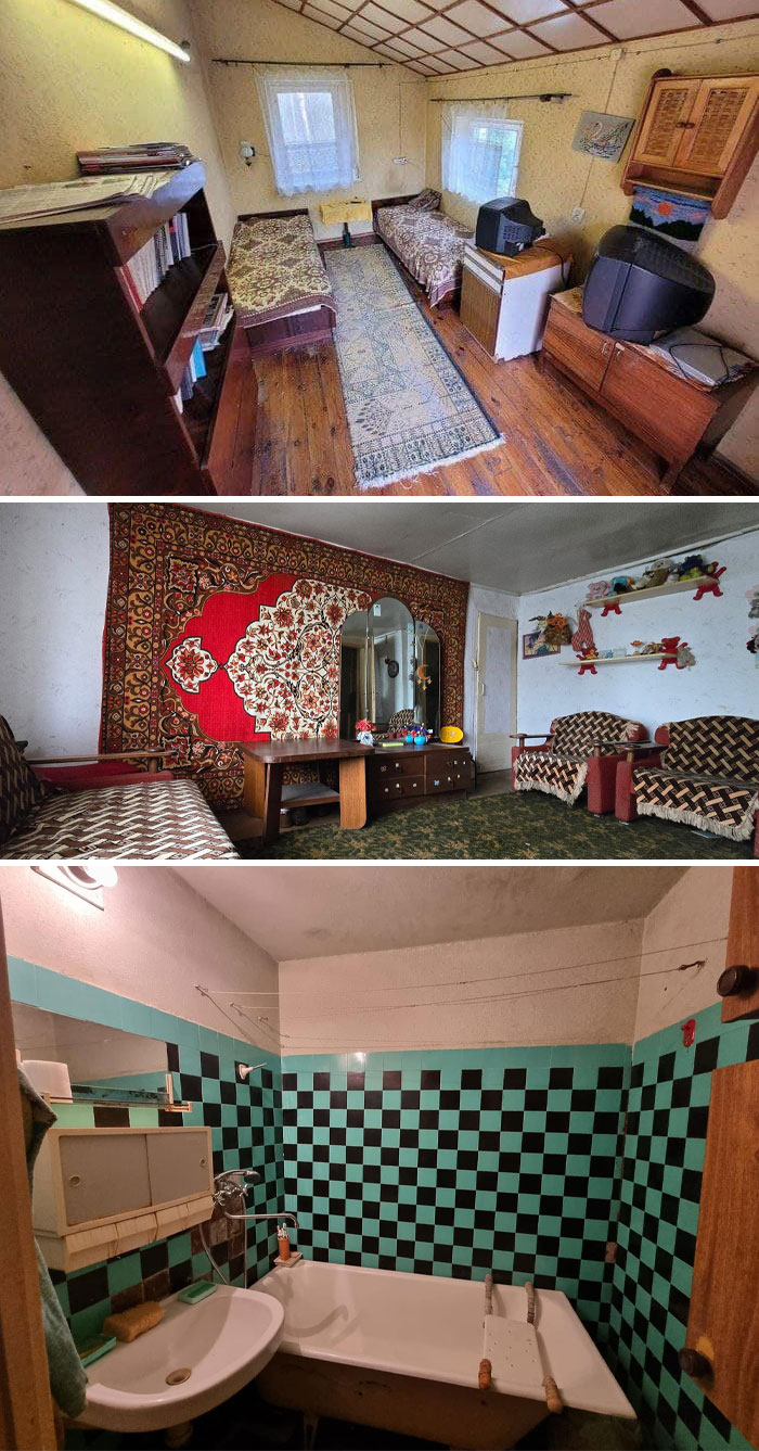 Vintage interior of real estate properties featuring old furniture, patterned rugs, and retro bathroom tiles for sale listings.