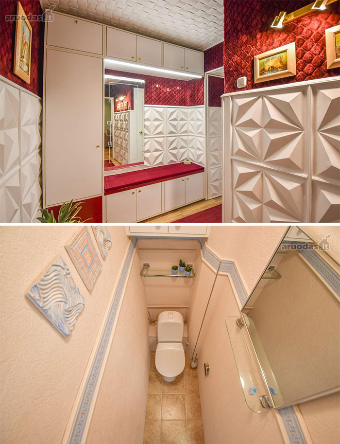 Interior views of unique real estate properties featuring bold textured walls and a narrow bathroom with decorative accents.