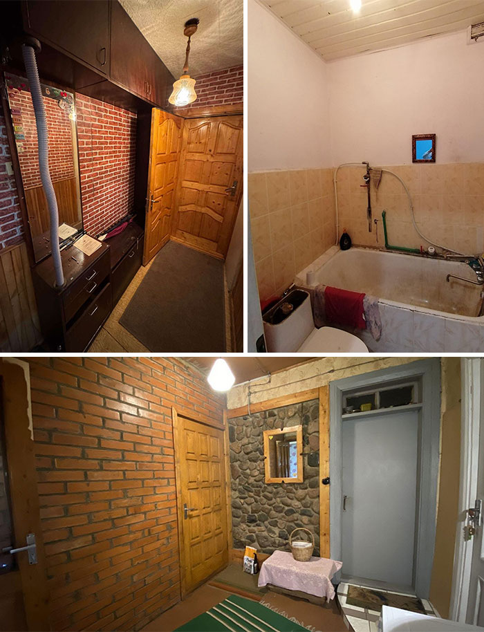 Interior views of wild real estate properties showing unique brick walls, wooden doors, and an outdated bathroom setup.