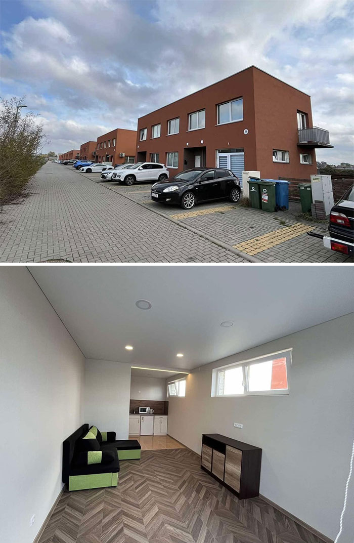 Modern residential real estate property exterior with parking and minimalist interior living area and kitchenette.