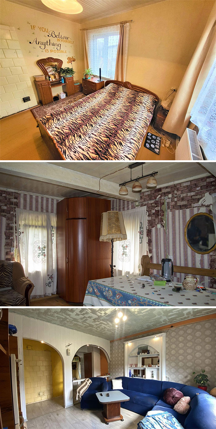 Interior views of wild real estate properties featuring eclectic decor and vintage furniture for sale.