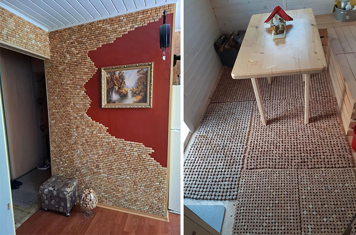 Unique wild real estate properties with creative cork wall design and cork flooring under a wooden table in an unusual interior.