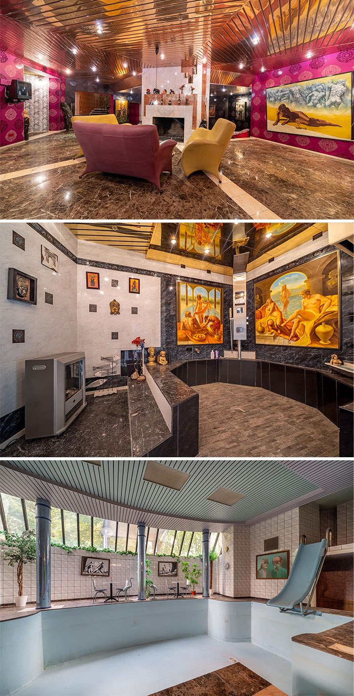 Interior shots of wild real estate properties featuring eclectic decor, unique art, and an empty indoor pool with a slide.
