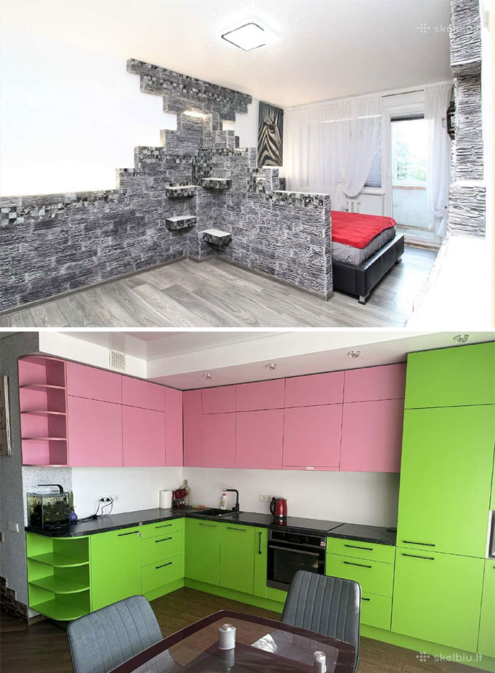 Unique real estate property interior featuring a pixelated stone wall and vibrant pink and green kitchen cabinets.