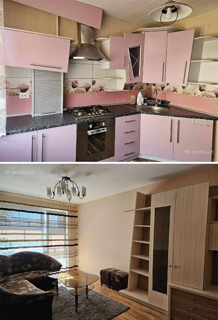Kitchen with pink cabinets and floral backsplash combined with living room featuring patterned sofa and glass coffee table in a real estate property.