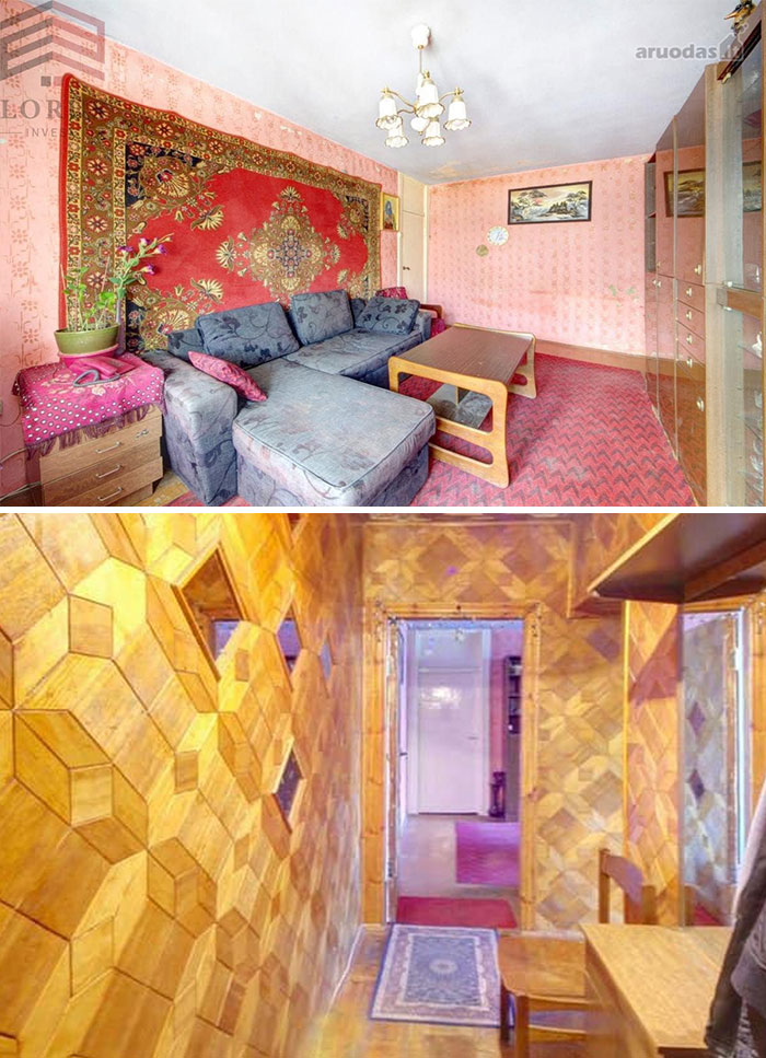 Two unique real estate properties featuring retro decor with patterned carpets, wooden walls, and vintage furniture.