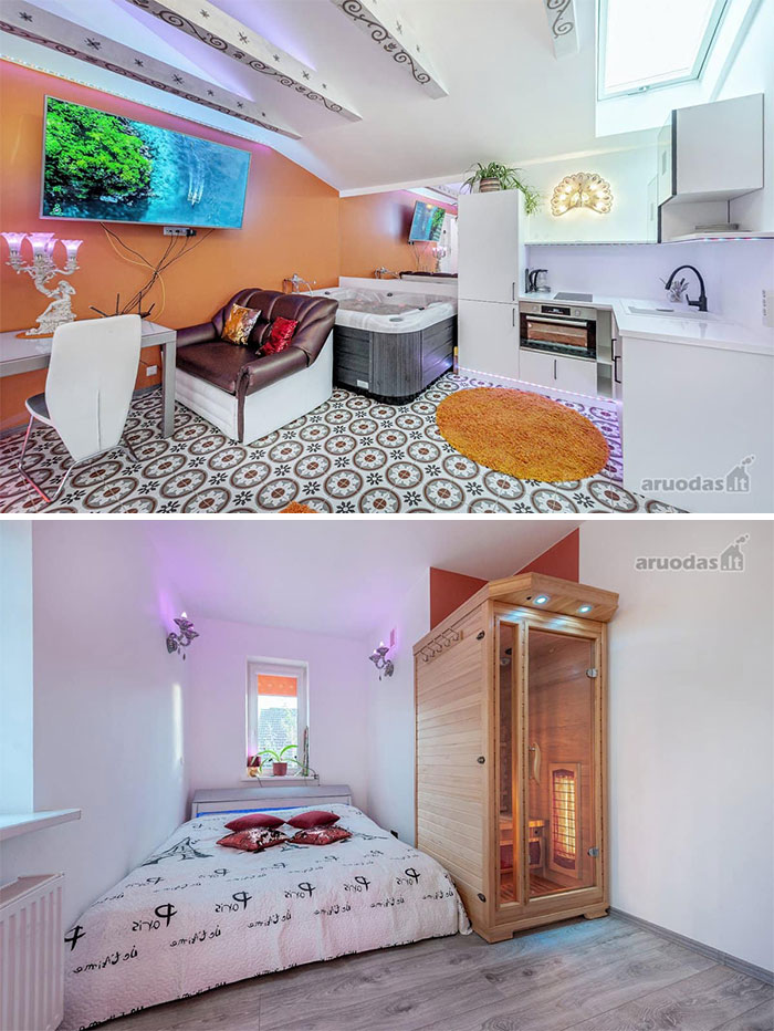 Interior of wild real estate property featuring a hot tub living area and bedroom with an infrared sauna cabin.